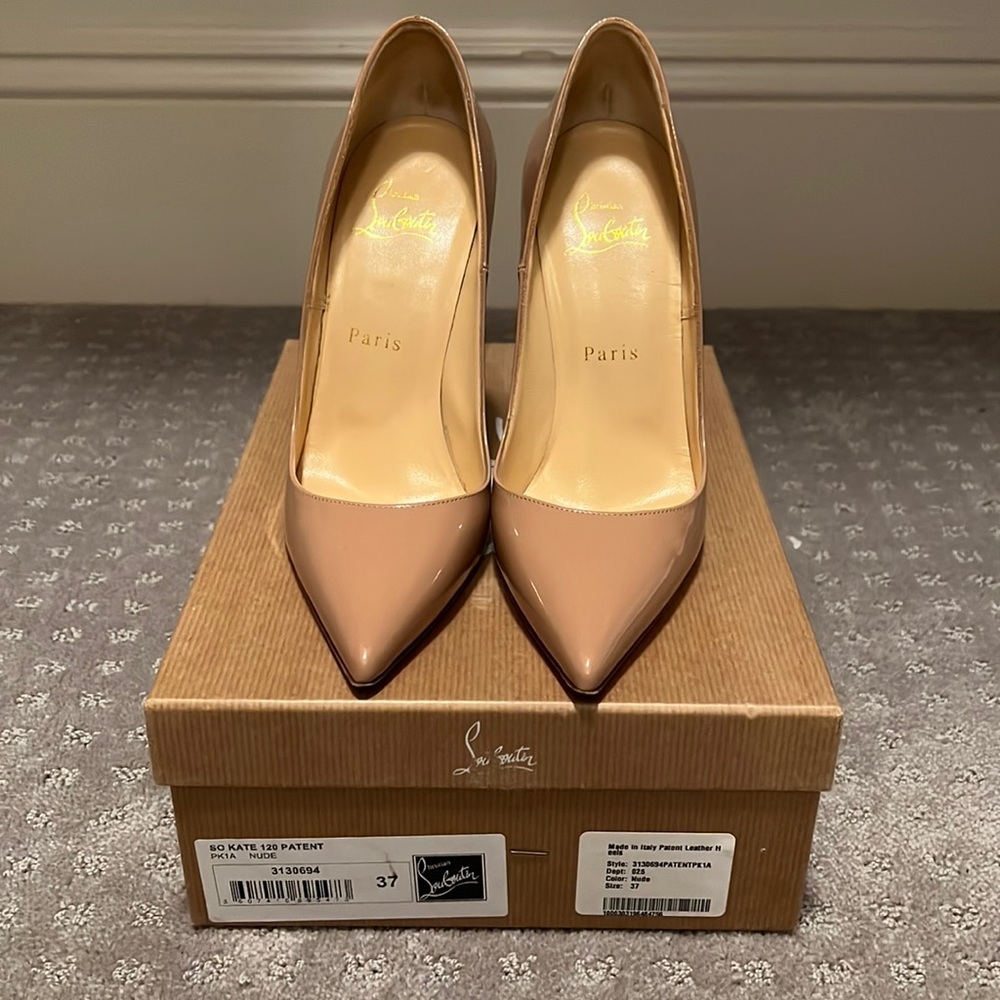 Christian Louboutin Beige Patent Pointed-Toe Stiletto Pumps